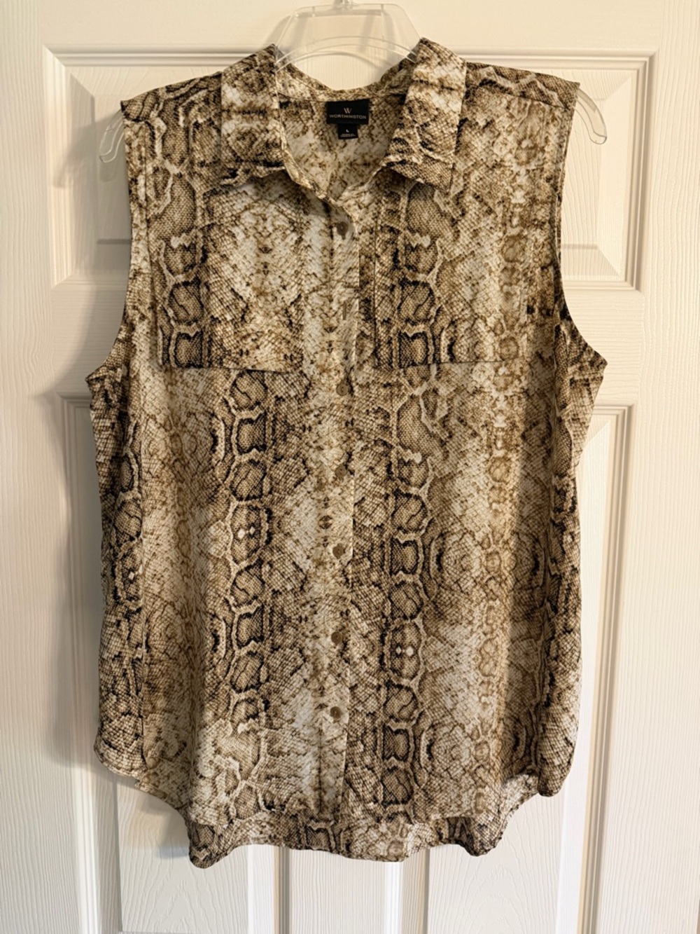 Worthington Sleeveless Snake Print Button-Down Blouse - Brown/Tan